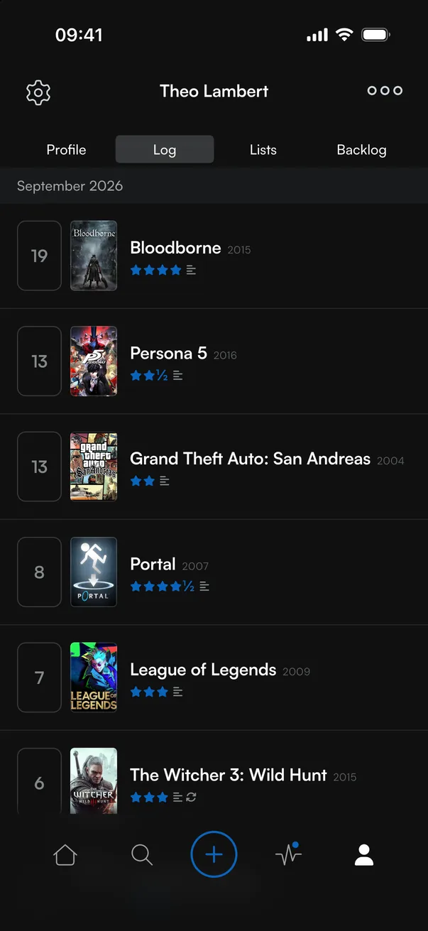 A diary of games logged in September, each with a date and star rating