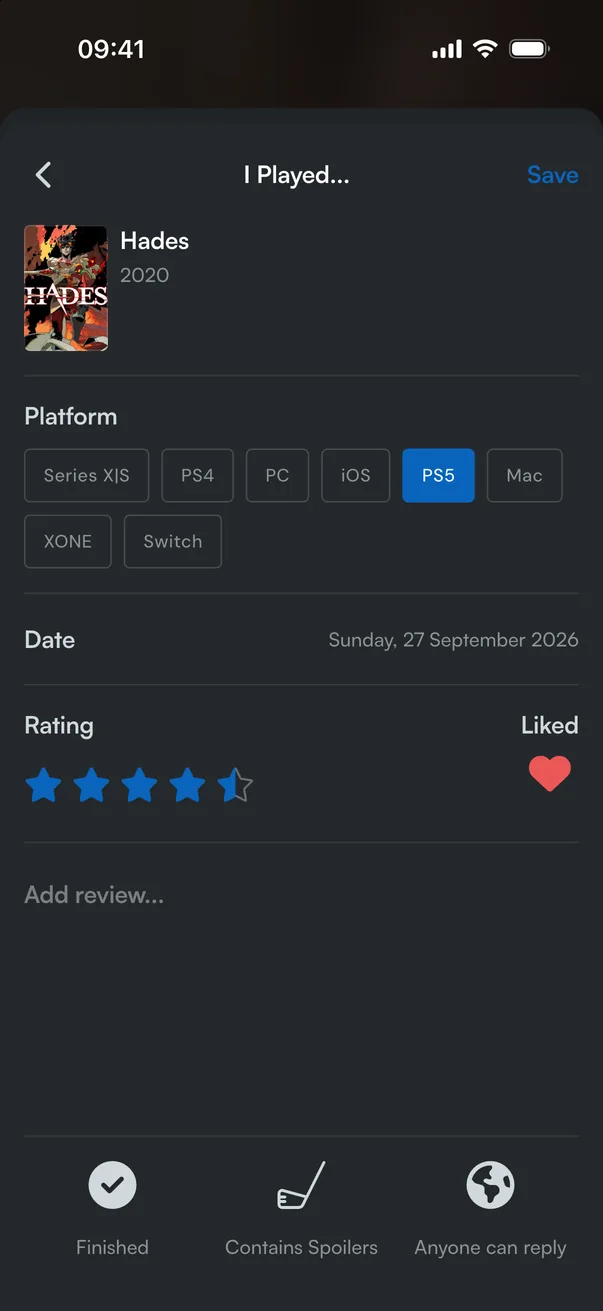 The log sheet for Hades, rated four and a half stars on PS5 and liked