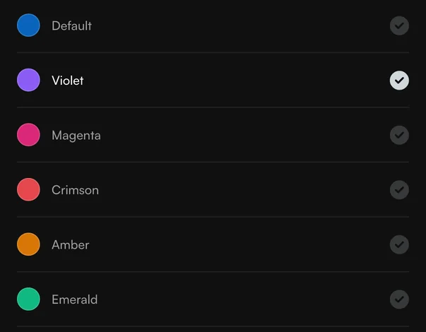 Six colour schemes: Default, Violet, Magenta, Crimson, Amber and Emerald, with Violet selected