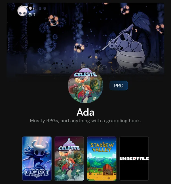 A profile with Hollow Knight key art across the top and a PRO badge