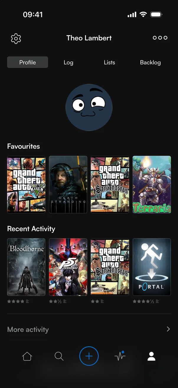 A Backspace profile with four favourite games and recent activity